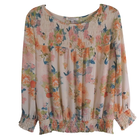 Rose + Olive Tops - Rose + Olive Floral Smocked Blouse Cream Orange Pink Blue Long Sleeve Large